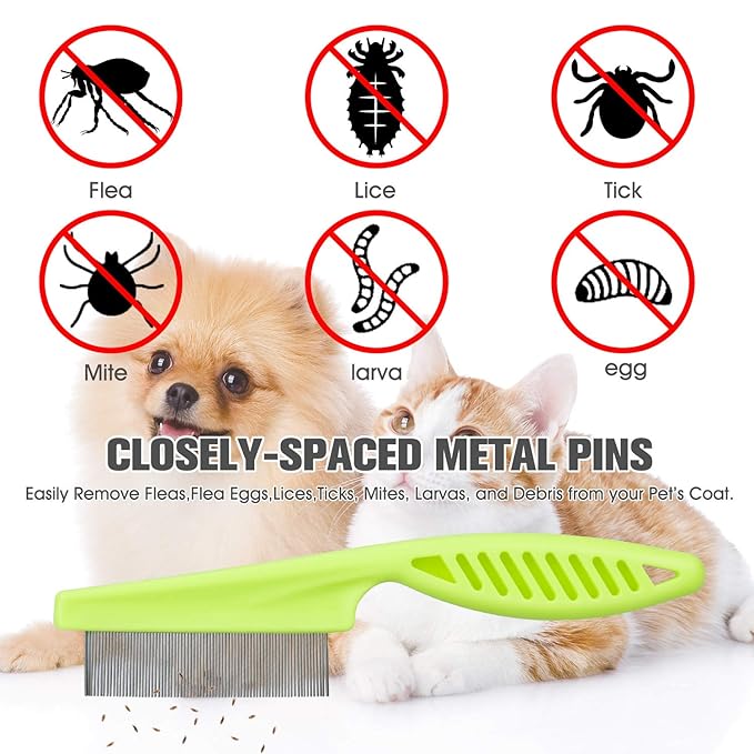 Flea Comb for Cats Dog Comb Lice Comb Metal Teeth Durable Tear Stain Dog Combs Remove Float Hair Combing Tangled Hair Dandruff Pet Comb Grooming Set 3 Pieces Add Storage Pouch (Green)