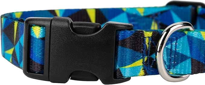 Mile High Life Dog Collar | Cute Puppy Collars | Lightweight Girl Dog Collar | Soft Boy Dog Collars | w Geometric Ocean Wavy Pattern (Blue/Yellow Plaid, Large)