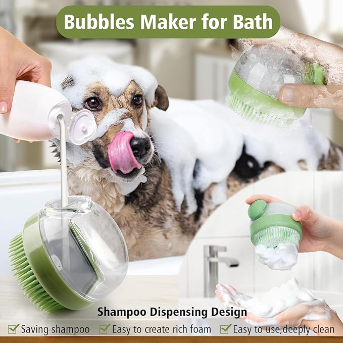 Dog Bath Scrubber Brush Pet Dog Grooming Massage Shampoo Bath Brush with Soap and Shampoo Dispenser Soft Silicone Bristle for Long Short Haired Dogs Cats Shower (PINK)