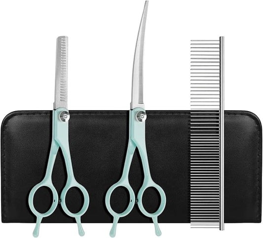 Professional Dog Grooming Scissors Set, 4 in 1 Dog Grooming Scissors Kit, Curved Dog Scissors Pet Thinning Shears, Pet Grooming Supplies, Blue