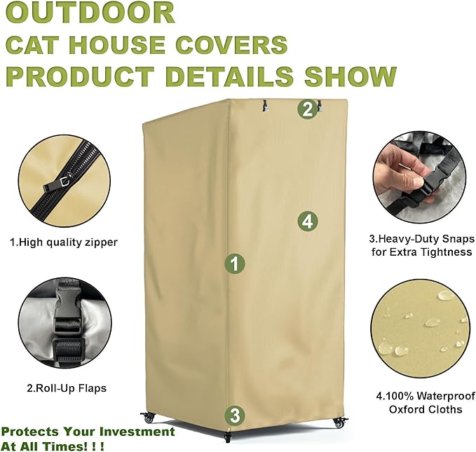 Outdoor Cat House Cover, Extremely Waterproof Feral Cattery Cat Cover, Cat Enclosure Cover, Large Cat Cage Condo/Cat House Cover - 32" L x 32" W x 71" H，Khaki (Cover only)