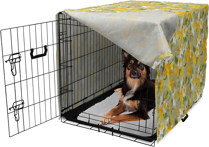 Lunarable Daffodil Dog Crate Cover, Vintage Inspirations Floral Arrangement Pattern Romantic Bouquet Nature, Easy to Use Pet Kennel Cover for Medium Large Dogs, 36 Inch, Green Marigold White