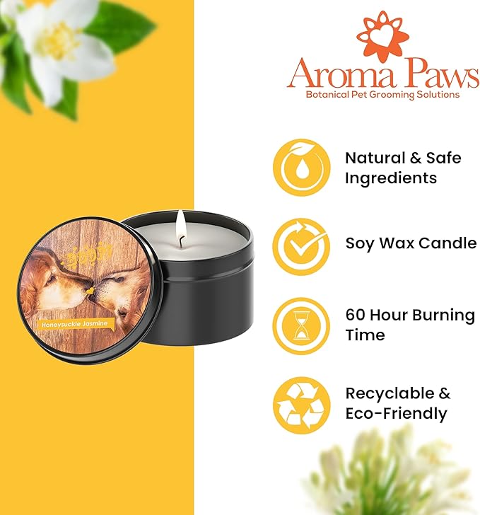 Scented Candle in Tin - Handcrafted Aromatherapy Candle for Pets - Pet-Friendly and No Harsh Chemicals Soy Candle - Burns up to 60 Hours - Honeysuckle Jasmine