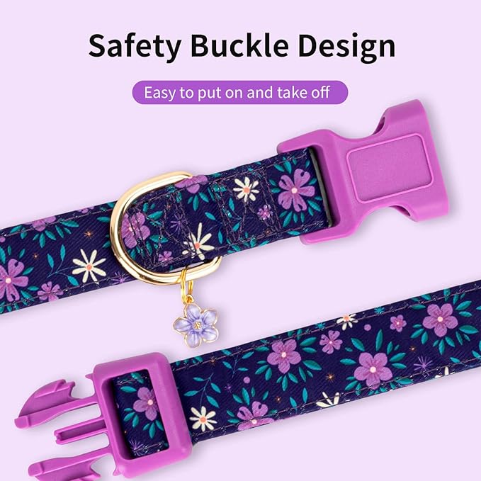 Fashionable Dog Collar with Bow Tie for Small Medium Large Dogs,Cute and Soft Puppy Collar for Male Female Dogs,Durable Cotton Dog Collar with Adjustable Buckle Butterfly Pattern (L, Purple Flower)