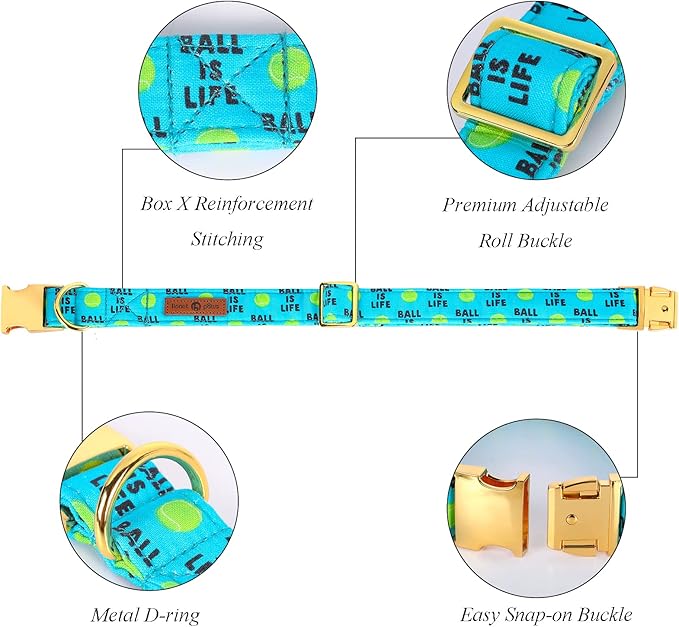 Lionet Paws Dog Collar, Comfortable Adjustable Cute Collar with Metal Buckle for Male Female Puppies and Cats Gift, Tennis Ball Pattern, XS, Neck 8-12 inches