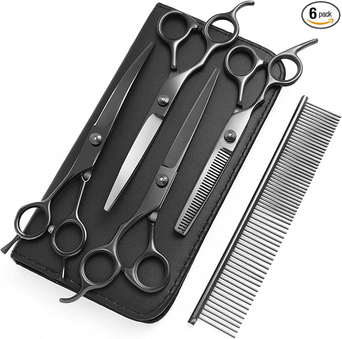8.0 in 9CR Titanium Professional dog grooming scissors set,Grooming Scissors for Dogs Cats,Pet nail clippers,Shears, Straight,Curved,Thinning Shears,Comb for Full Body,Face, Nose,Ear,Paw