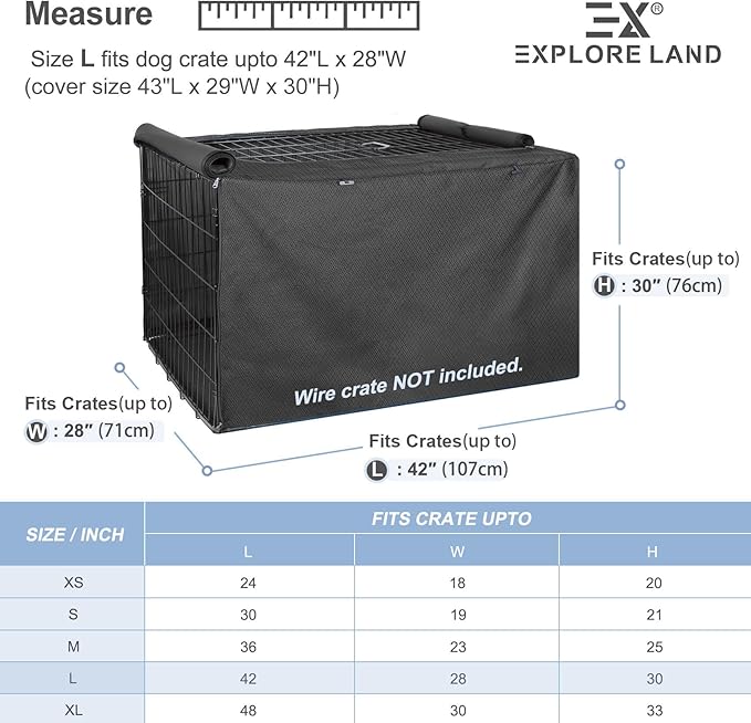 Explore Land Dog Crate Cover for 42 Inches Wire Cage, Heavy-Duty Lattice Pet Kennel Enclosure Compatible with 1 2 3 Doors Standard Metal Cage (Black)