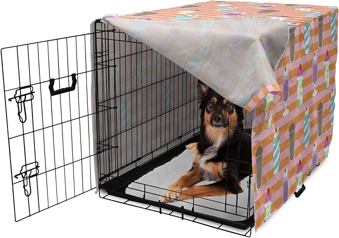 Lunarable Drinks Dog Crate Cover, Colorful Ice Cream Milkshake Creamy on a Striped Background, Easy to Use Pet Kennel Cover for Medium Large Dogs, 36 Inch, Salmon Pale Pink