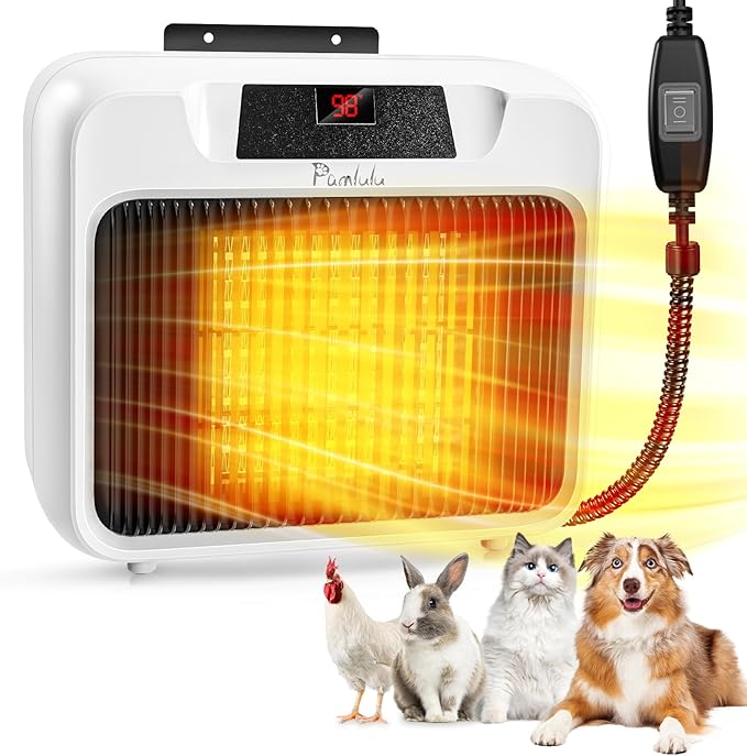 600W Dog House Heater for Chicken Coop and Rabbits - Portable With Digital Display, White Wall-Mounted Insulated Winter Pet Heater With Thermostat & Anti-Chew Cord