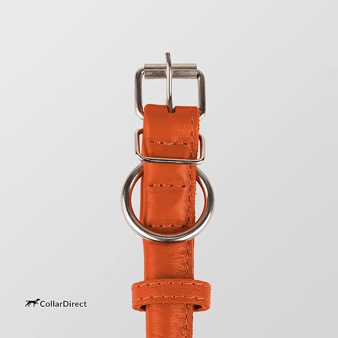 CollarDirect Rolled Leather Dog Collar, Soft Padded Round Puppy Collar, Handmade Genuine Leather Collar Dog Small Large Cat Collars 13 Colors (15-18 Inch, Orange Textured)