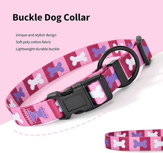Mile High Life Dog Collar | Nylon Puppy Collars w Cute Patterns | Lightweight Girl Dog Collar | Boy Dog Collar for Small/Medium/Large Dogs (Purple Bone, Large)