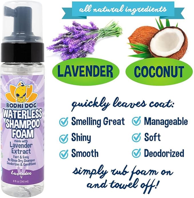 Bodhi Dog Waterless Shampoo - Natural Dry Shampoo for Dogs & Cats - Neutralizes Pet Odor - No Rinse Required - Made of Natural Extracts - Safe for Sensitive Skin - Made in USA - Lavender (8 Fl Oz)
