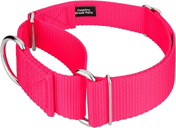 Country Brook Petz 1 1/2 Inch Martingale Heavy Duty Nylon Adjustable Dog Collar for Small, Medium, Large Breeds - Vibrant 17 Color Selection (Hot Pink, Large)