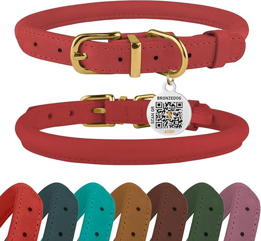 BRONZEDOG Rolled Leather Dog Collar with QR ID Tag Adjustable Soft Round Collars for Small Medium Large Dogs Puppy Cat (7" - 10" Neck Size, Coral Pink)