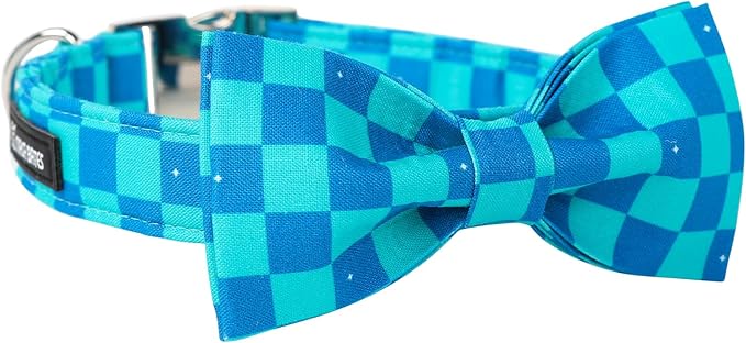 Maca Bates Plaid Blue Dog Collar with Checkered Bow Bowtie for Grid Dogs Bows Tie Adjustable Breakaway Collars Birthday Gift Colar for Small Medium Large XL Girl Boy Male Female Puppy Pets