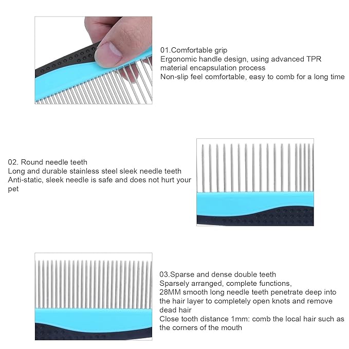 Pet Grooming Dematting Comb with Stainless Steel Teeth Detangling Tool for Knots, Loose Fur Non Slip Handle Comb for Cats Dogs Ideal for Long and Short Hair Pets