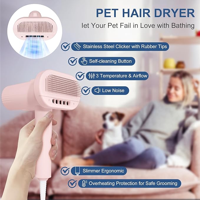 L&W BROS. Low Noise Pet Hair Dryer with Slicker Brush, Overheating Protection, Adjustable Temperature for Grooming (Pink)