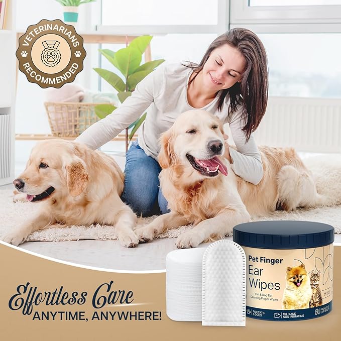 Pet Finger Ear Wipes for Dogs & Cats – 100 Count Finger Wipes – Gentle Ear Cleaner, Reduces Wax & Odor – Non-Irritating, Easy Finger Design for Pets