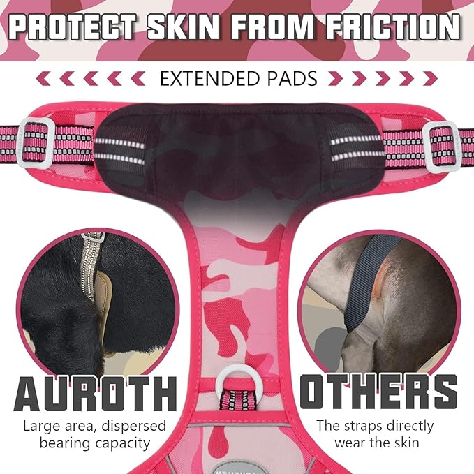 Auroth Tactical Dog Harness for Small Medium Large Dogs No Pull Adjustable Reflective K9 Working Training Easy Control Pet Vest Military Service Harnesses, Pink Camo