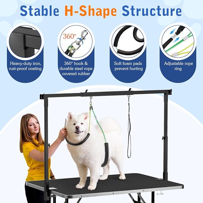 Pawaboo H-Shape Dog Grooming Table Arm with Adjustable Loops, 43'' Height Adjustable Pet Grooming Stand for Medium Large Pets, Heavy Duty Metal Holder