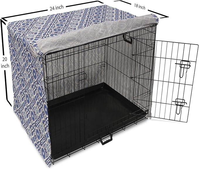 Lunarable Geometric Dog Crate Cover, Azulejo Tile Motifs Portuguese Ceramic Pattern European Art, Easy to Use Pet Kennel Cover for Cats & Medium Dogs, 24 Inch, Burnt Sienna Royal Blue