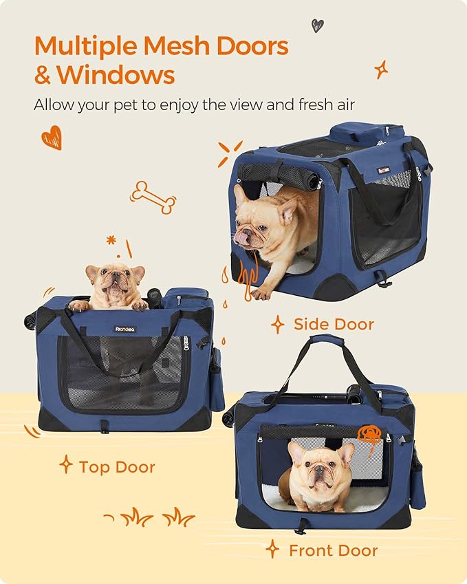 Feandrea 24 Inches Collapsible Soft Dog Crate, Portable Travel Dog Crate for Indoor and Outdoor Use, Dog Carrier Kennel with Safety Zippers, for Living Room, Car, Travelling, Campin, Dark Blue UPDC60Z