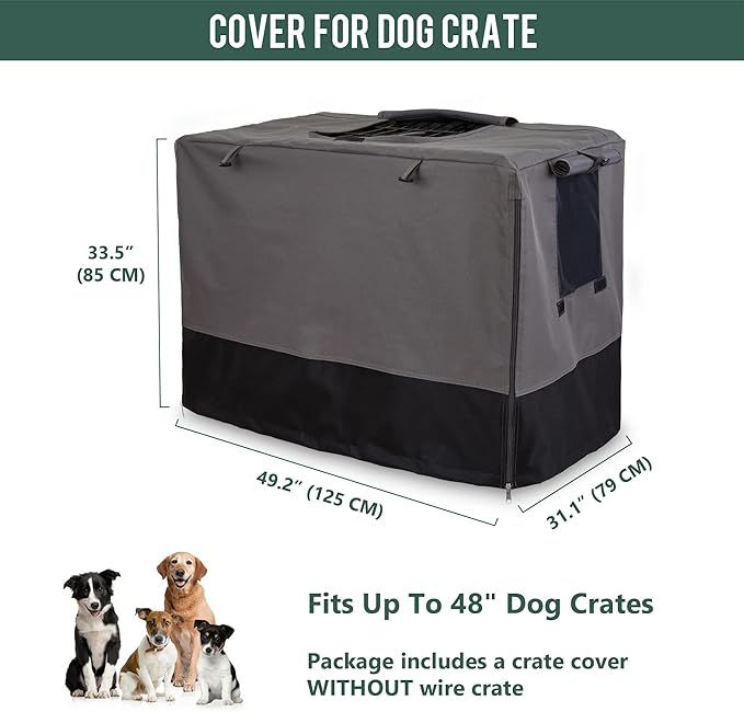 Rachmi Privacy Dog Crate Cover 48 Inch, Durable 600D Canvas Water Resistant Windproof Pet Kennel Cover for Universal Wire Crate with Double Doors, (49”Lx31”Wx33”H, Gray/Black)