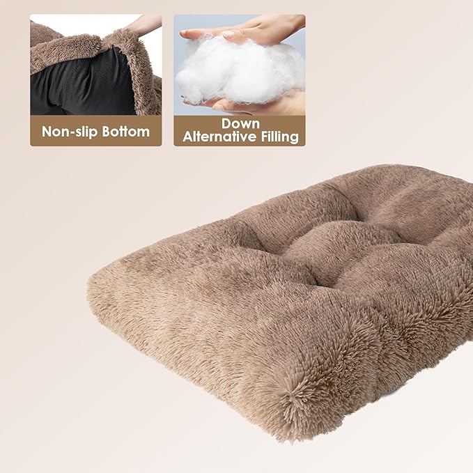EHEYCIGA Fluffy Dog Crate Bed for Small Dogs, Plush Faux Fur Dog Crate Pad, Calming Anti Anxiety Small Dog Bed for Crate, Washable Soft Warm Dog Crate Mat with Non-Slip Bottom, Camel