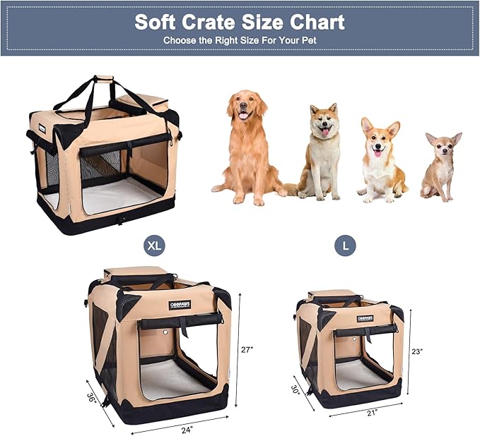 JESPET 30'' Soft Dog Crates Kennel for Pets, 3 Door Soft Sided Folding Travel Pet Carrier with Straps and Fleece Mat for Dogs, Cats, Rabbits, Grey Blue & Beige (30" L x 21" W x 23" H, Beige)