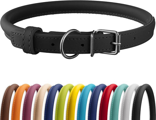 CollarDirect Rolled Leather Dog Collar, Soft Padded Round Puppy Collar, Handmade Genuine Leather Collar Dog Small Large Cat Collars 13 Colors (15-18 Inch, Black Smooth)