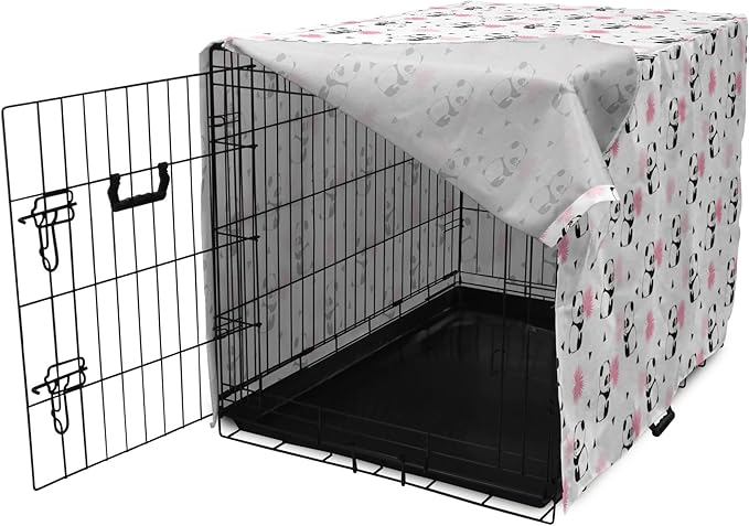 Lunarable Panda Dog Crate Cover, Cartoon Style Bear Drawings Pinkish Foliage Leaves Chinese, Easy to Use Pet Kennel Cover for Small Dogs Puppies Kittens, 22 Inch, Pale Pink Rose Black