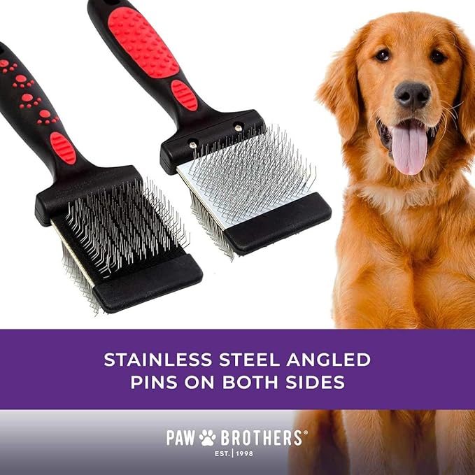 Ryan's Pet Supplies Paw Brothers Double Sided Soft Flex Slicker Brush, Professional Grade, Angled Stainless Steel Pins, Comfort Grip, Flexible Head, Large