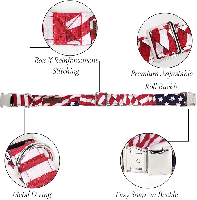 Lionet Paws Patriotic Female Dog Collar with Flower, 4th of July, Soft and Comfortable Adjustable American Flag Collar for Dogs, Medium, Neck 13.5-22 inches