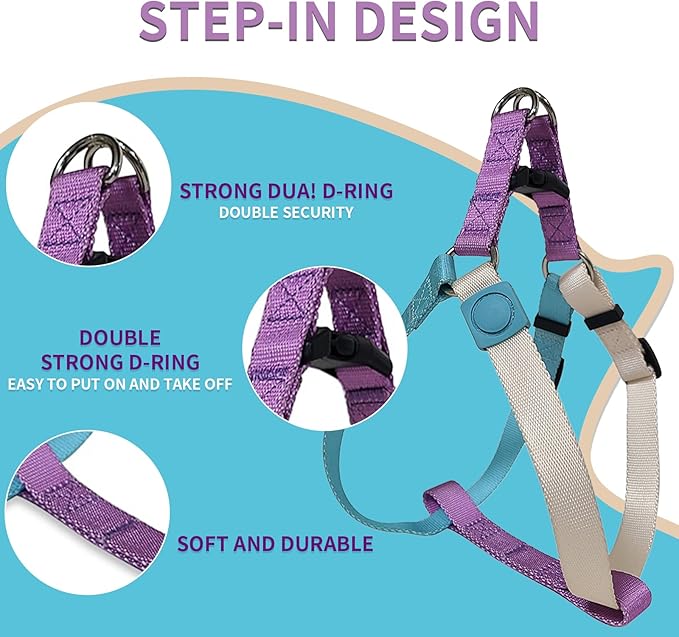 Tri-Color Dog Harness and Purple Pink Gradient Shock Absorbing Dog Leash Set,Step-in Freedom Dog Vest Harness,Strong Padded Handle to Help Stop Pulling for Small Dog Walking and Traning