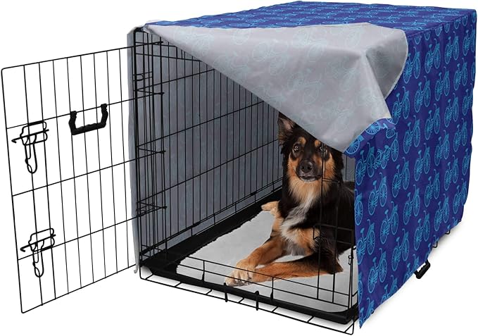 Lunarable Contemporary Blue Dog Crate Cover, Repetitive Pattern with Silhouette Style Bicycles, Easy to Use Pet Kennel Cover for Medium Large Dogs, 36 Inch, Dark Violet Sky Blue