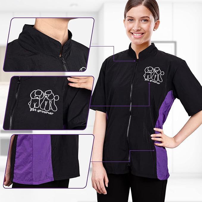 Noverlife Short Sleeves Pet Grooming Workwear With Full Zipper, 3XL Size, Anti-Static Beautician Smock, Lightweight Groomer Cosmetologist Uniforms Style Dog Cat Jacket for Men Women