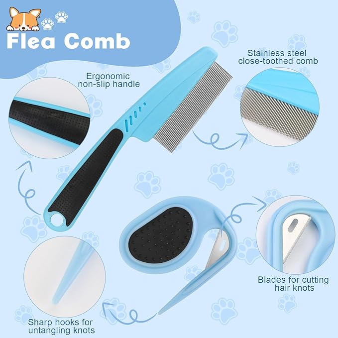 2PCS Flea Comb-Pet Knotting Comb, Tick Comb for Long Haired Pets- Remove Clumps Stainless Fine Tooth Dog Eye Comb Tear Stain Comb for Small Dogs Cat Pet Grooming Comb