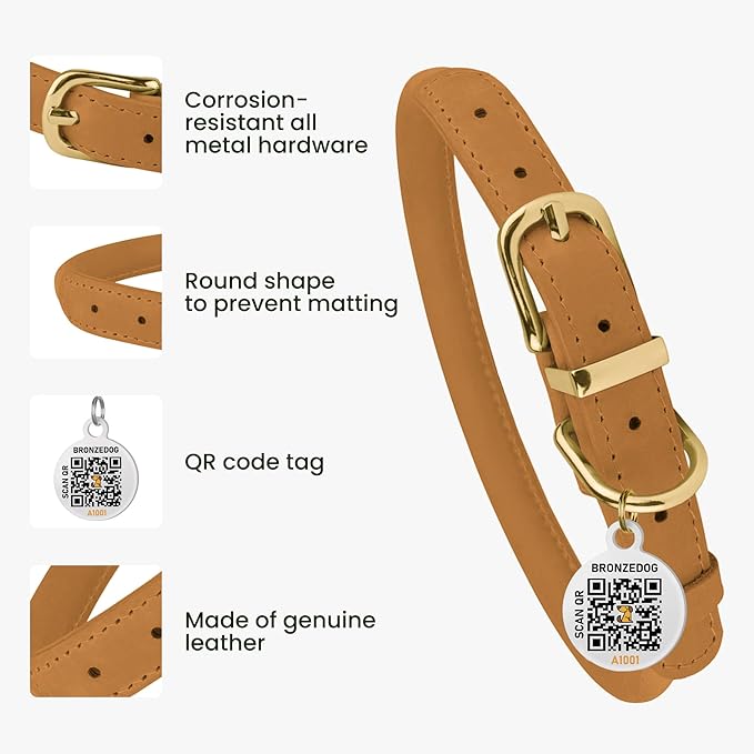 BRONZEDOG Rolled Leather Dog Collar with QR ID Tag Adjustable Soft Round Collars for Small Medium Large Dogs Puppy Cat (7" - 10" Neck Size, Mustard)