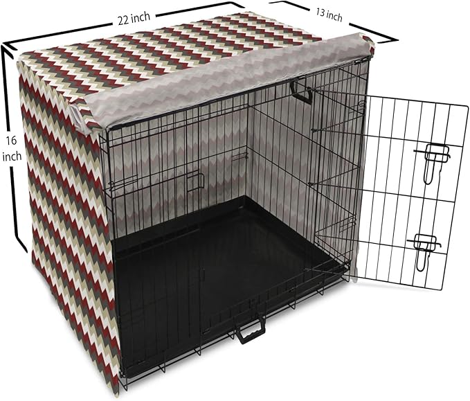 Lunarable Chevron Dog Crate Cover, Chevron Pattern with Vivid Color Scheme Stripes Design Modern Geometric, Easy to Use Pet Kennel Cover for Small Dogs Puppies Kittens, 22 Inch, Burgundy Grey Eggshell