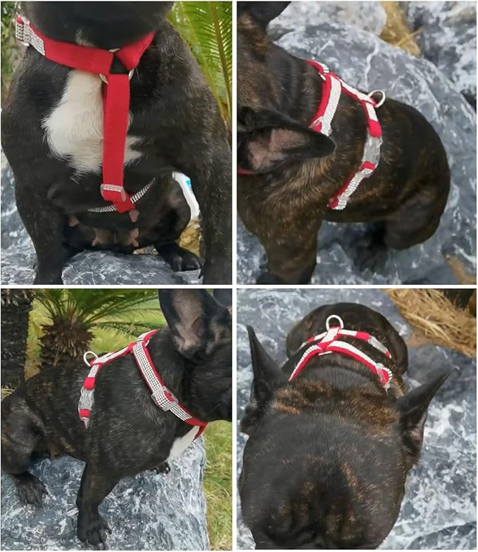 Dog Reflective Rhinestone Harness, No Pull Adjustable D-Ring Harness Walking Harness for Small Meduim Large Dog(Red,XS)