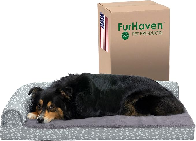 Furhaven Orthopedic Dog Bed for Large/Medium Dogs w/ Removable Bolsters & Washable Cover, For Dogs Up to 55 lbs - Plush & Almond Print L Shaped Chaise - Gray Almonds, Large