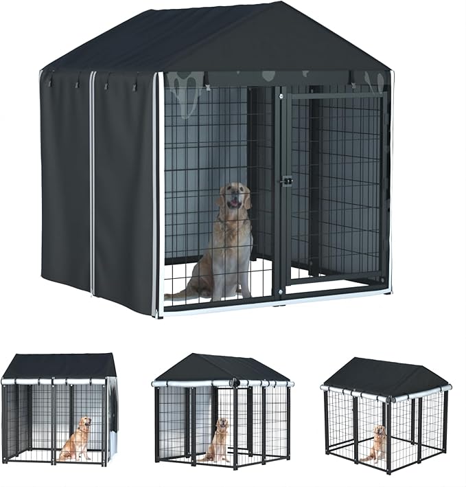 Outdoor Dog Kennel Cover,Full Coverage for 4.2'Dx4.2'Wx4.5'H Dog Cages,600d Heavy Duty Waterproof Large Dog Kennel Cover,(Kennel Not Included) Black