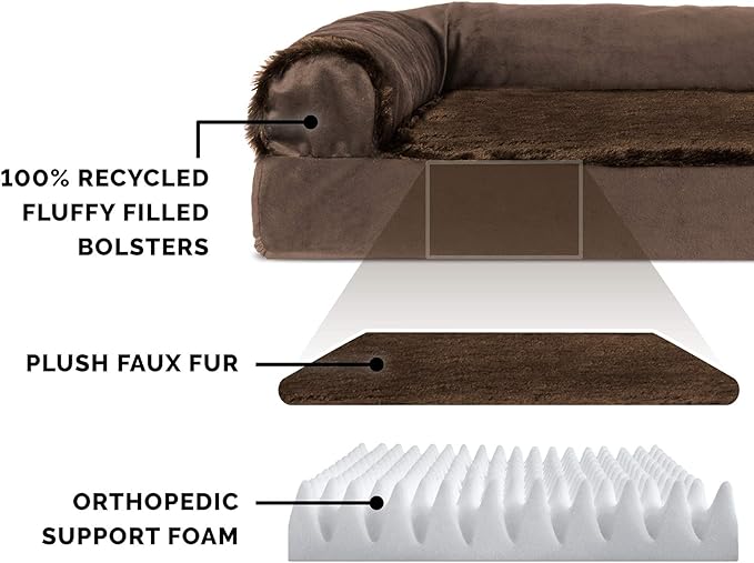 Furhaven Orthopedic Dog Bed for Large/Medium Dogs w/ Removable Bolsters & Washable Cover, For Dogs Up to 55 lbs - Plush & Velvet L Shaped Chaise - Sable Brown, Large