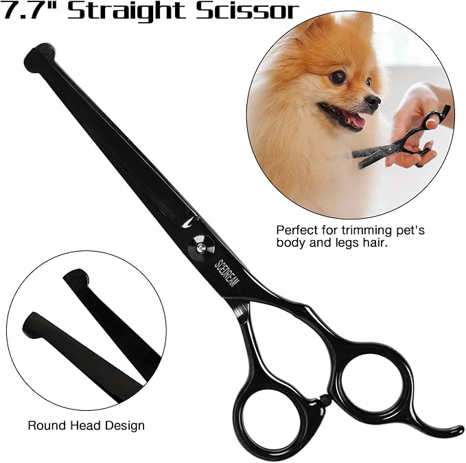 Professional Dog Grooming Scissors with Safety Round Tips, 6 in 1 Dog Grooming Scissors Kit, 4CR Stainless Steel Professional Pet Grooming Shears for Dog, Sharp and Durable, Black