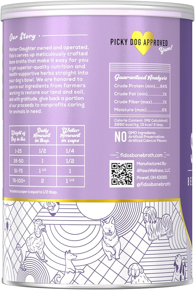 Fido's Grass-Fed Beef Bone Broth for Dogs 7oz with 94% Protein - Picky Eaters Human Grade Bone Broth Powder for Dogs - Made in USA - No Preservatives - Supports Joints + Gut Health - 60 Scoops
