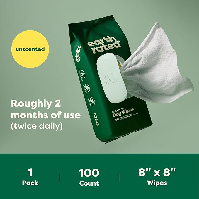 Earth Rated Pet Grooming Wipes for Dogs and Cats, Hypoallergenic, Cleaning and Hydrating, for Paws, Body and Butt, Unscented, 100 Count