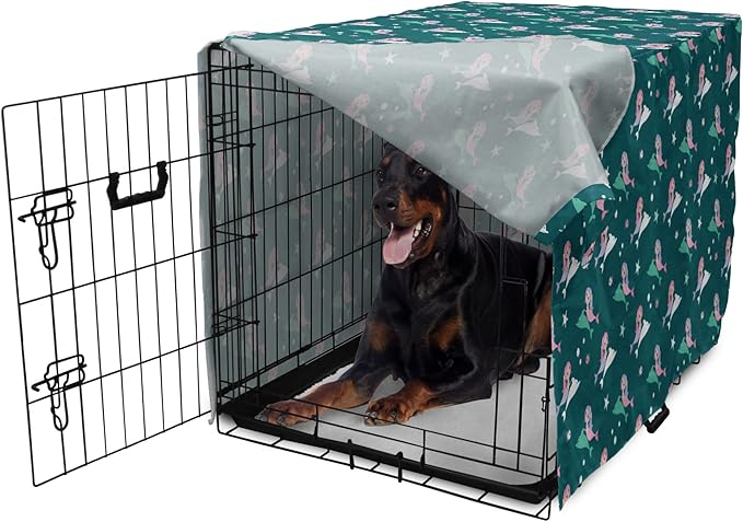 Lunarable Dolphin Dog Crate Cover, Pink Haired Mermaids Swimming with Dolphins Backdrop with Starfish Dots, Easy to Use Pet Kennel Cover for Medium Large Dogs, 42 Inch, Jade Green Multicolor