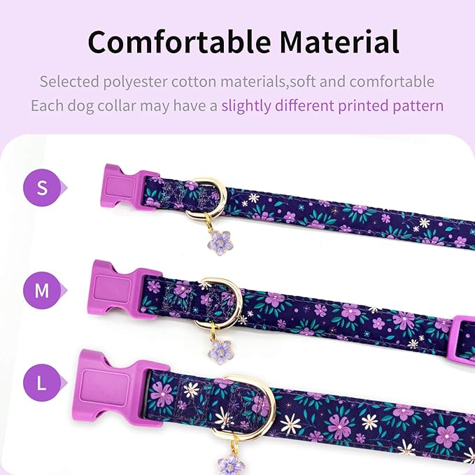 Fashionable Dog Collar with Bow Tie for Small Medium Large Dogs,Cute and Soft Puppy Collar for Male Female Dogs,Durable Cotton Dog Collar with Adjustable Buckle Butterfly Pattern (L, Purple Flower)