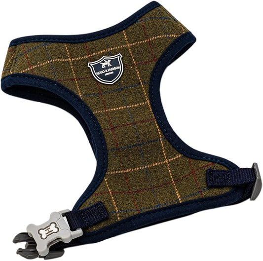 HUGO & HUDSON Dog Harness, No-Pull Anti Choke Tweed Harness Vest, Dark Green Checkered, XS