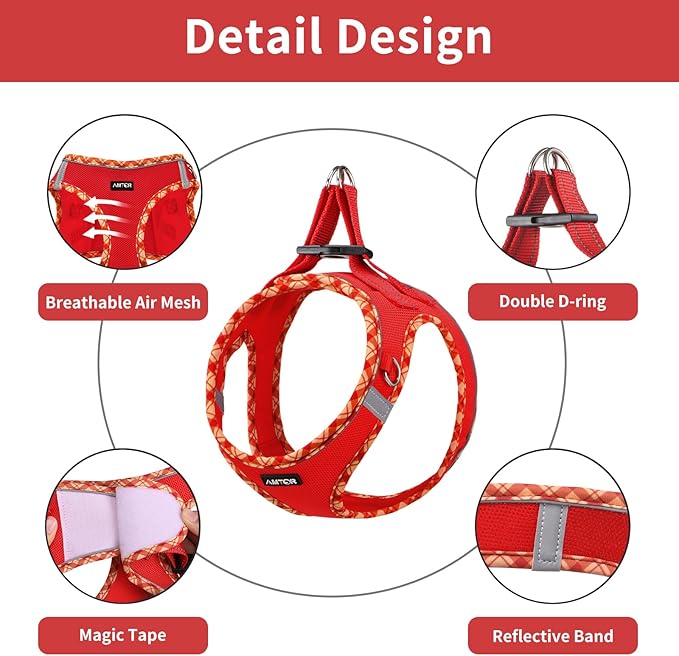 AMTOR Small Dog Harness with Leash Set, No Escape Easy Walk Puppy Harnesses for Training Walking, Step-in Reflective Soft Dogs Vest for XS S Medium Extra-Small Large Sized Dog(Red)